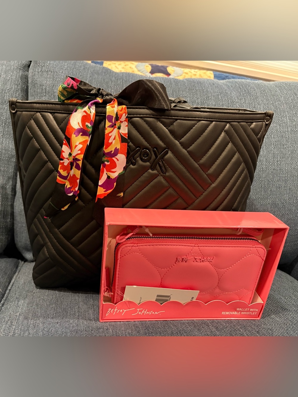 Betsey Johnson Quilted Tote + NWT Wristlet Wallet Set | Black Tote & Pink Wallet